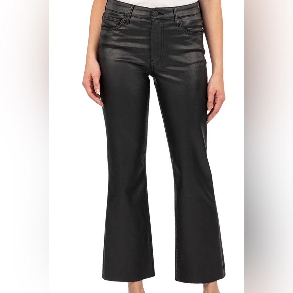 KUT from the Kloth Kelsey High Rise Raw Hemp Black Faux Leather Flare Sz 18
